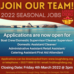 Join our Team! Seasonal employment opportunities at Lough Derg 2022